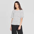 Women's Striped Elbow Sleeve Linen Crewneck Basic T-shirt - A New Day Cream