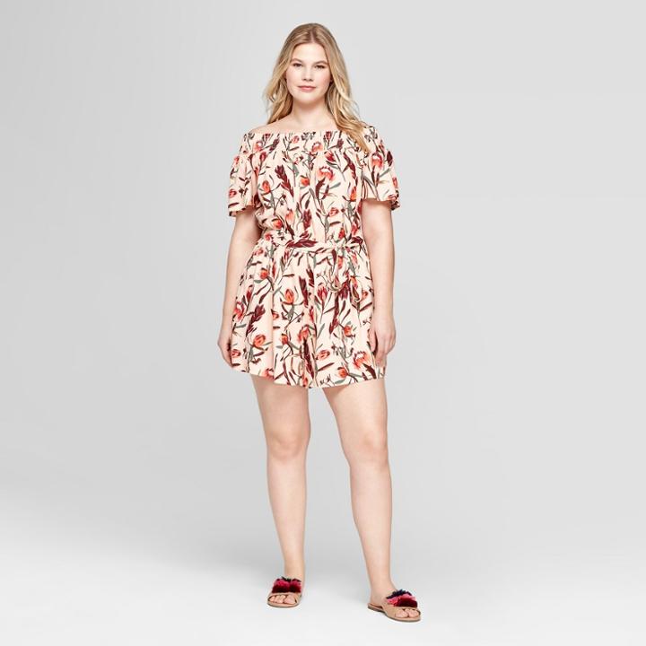 Women's Plus Size Floral Print Off The Shoulder Romper - Ava & Viv Peach