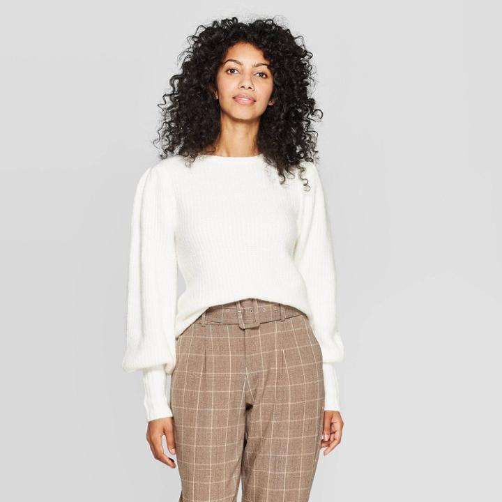 Women's Puff Sleeve Crewneck Pullover Sweater - A New Day Cream S, Size: