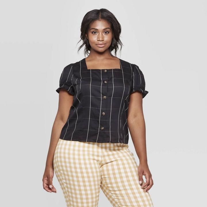Women's Plus Size Gingham Short Puff Sleeve Square Neck Button Front Top - Who What Wear Black