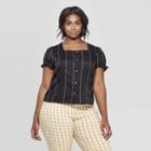 Women's Plus Size Gingham Short Puff Sleeve Square Neck Button Front Top - Who What Wear Black
