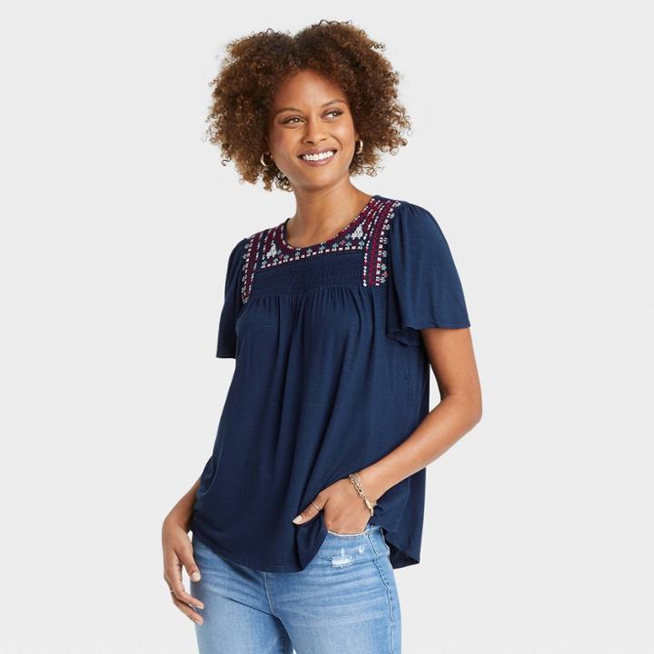 Women's Flutter Short Sleeve Embroidered T-shirt - Knox Rose Navy