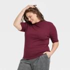 Women's Plus Size Elbow Sleeve Mock Turtleneck T-shirt - A New Day Burgundy