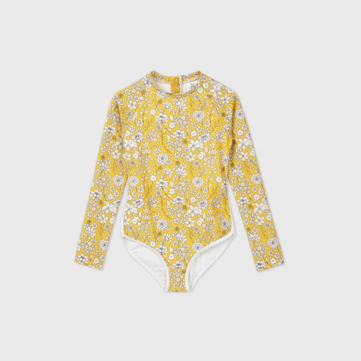 Girls' Long Sleeve Ditsy Floral One Piece Swimsuit - Art Class Gold