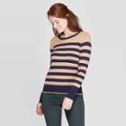 Women's Striped Long Sleeve Ribbed Cuff Crewneck Pullover Sweater - A New Day Navy (blue)