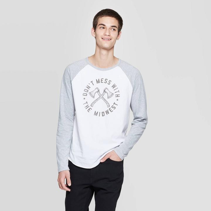 Men's Long Sleeve Crewneck Don't Mess With Midwest Raglan Graphic T-shirt - Awake White M, Men's,