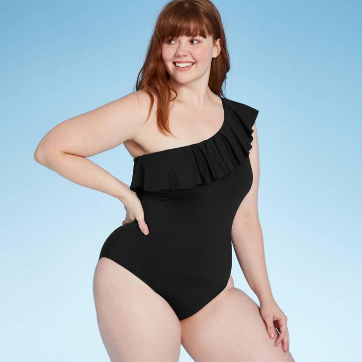 Women's Shoulder Ruffle Medium Coverage One Piece Swimsuit - Kona Sol Black