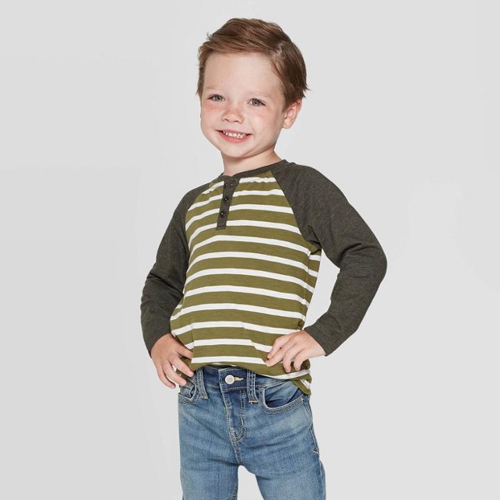 Toddler Boys' Striped Slub Henley Long Sleeve T-shirt - Cat & Jack Olive