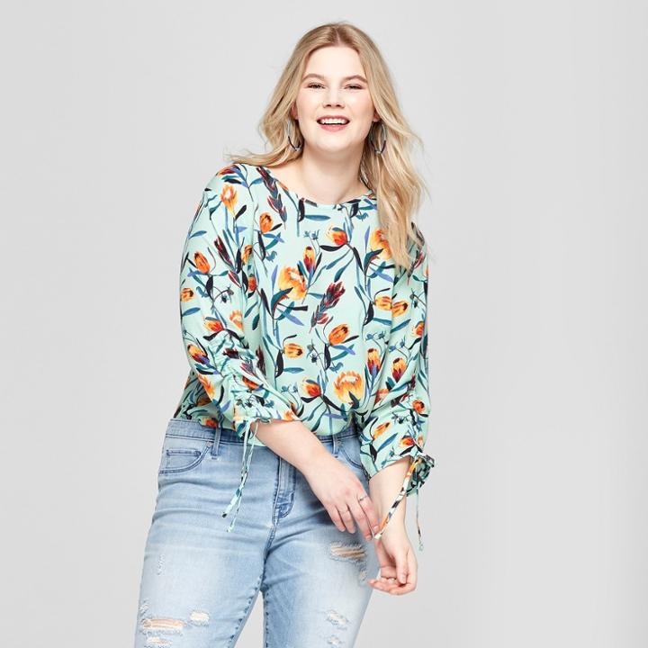 Women's Plus Size Floral Print Ruched 3/4 Sleeve Blouse - Ava & Viv