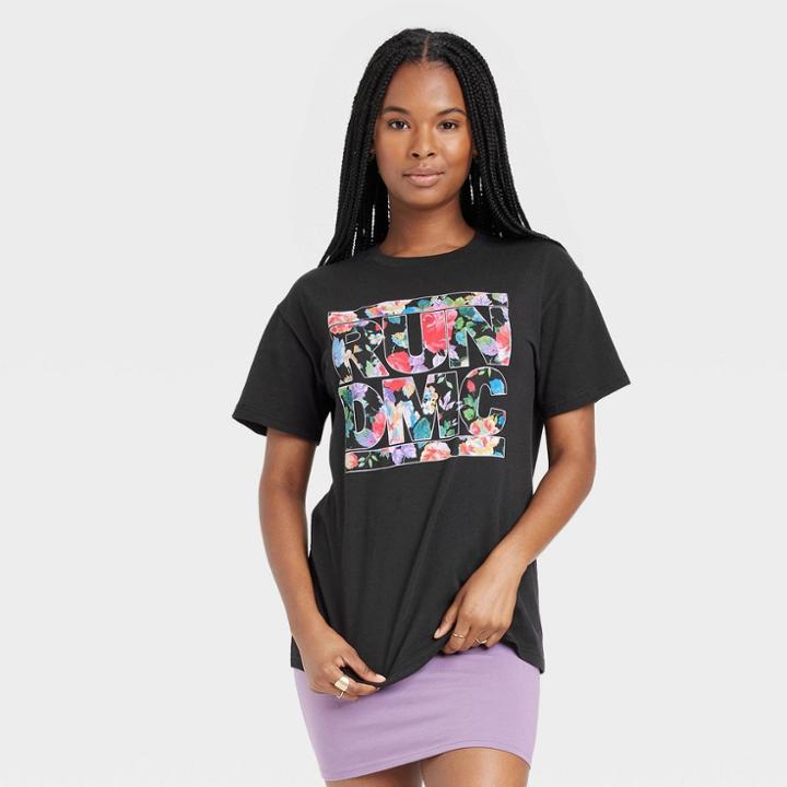 Run--dmc Women's Run Dmc Floral Short Sleeve Graphic Boyfriend T-shirt - Black