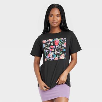 Run--dmc Women's Run Dmc Floral Short Sleeve Graphic Boyfriend T-shirt - Black