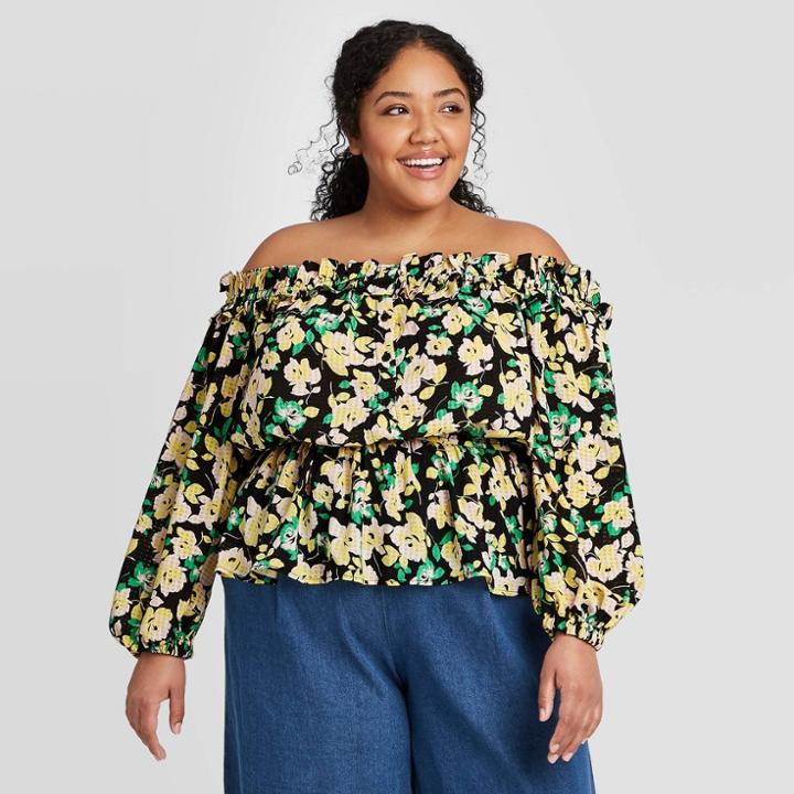 Women's Plus Size Floral Print Long Sleeve Smocked Bardot Blouse - Who What Wear Black 1x, Women's,