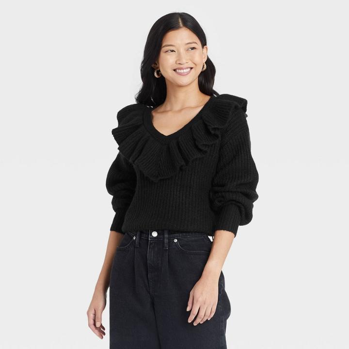 Women's V-neck Ruffle Pullover Sweater - A New Day Black