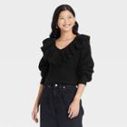 Women's V-neck Ruffle Pullover Sweater - A New Day Black