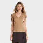 Women's Puff Short Sleeve V-neck Top - A New Day Brown