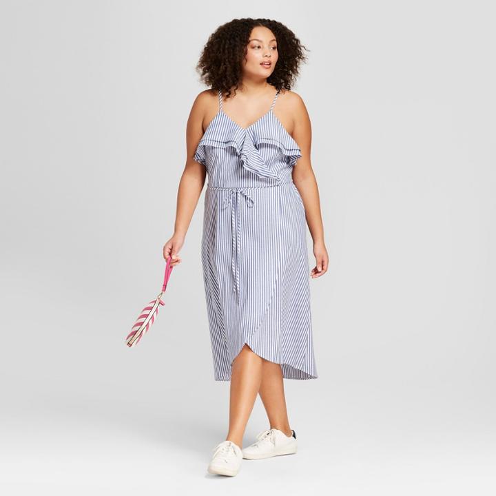 Women's Plus Size Striped Cold Shoulder Ruffle Wrap Dress - A New Day Blue/white