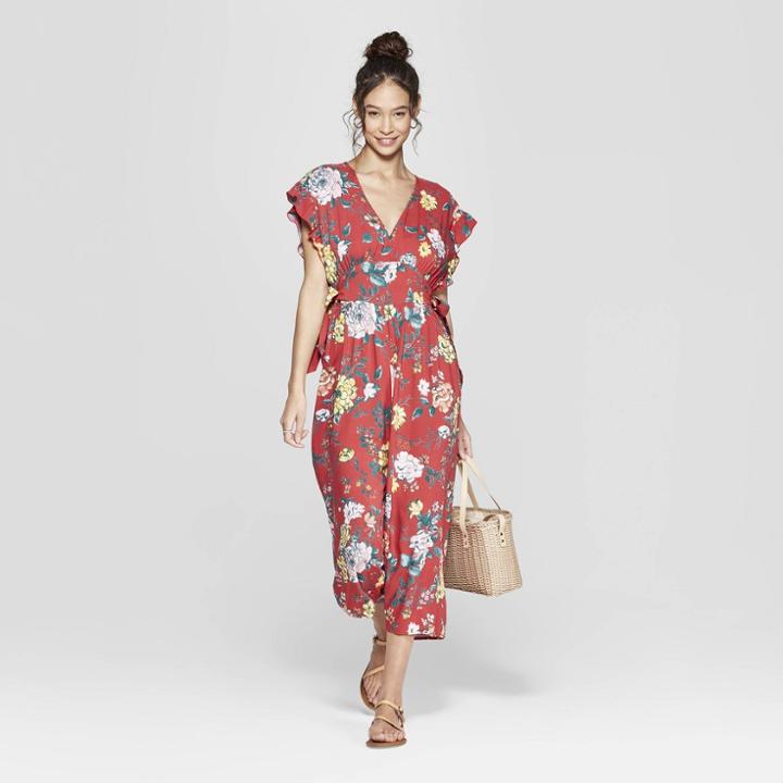 Women's Floral Print Short Sleeve V-neck Cropped Jumpsuit With Side Ties - Xhilaration Red