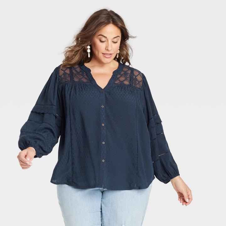 Women's Plus Size Long Sleeve Button-front Eyelet Blouse - Knox Rose Navy