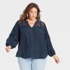 Women's Plus Size Long Sleeve Button-front Eyelet Blouse - Knox Rose Navy
