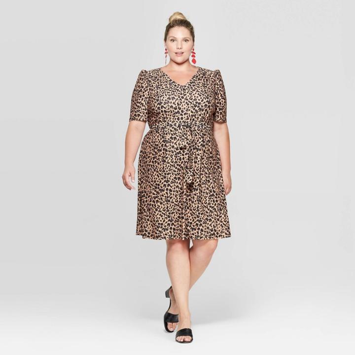 Women's Plus Size Animal Print Puff Short Sleeve V-neck Knitted Mini Dress - Ava & Viv Brown 1x, Women's,