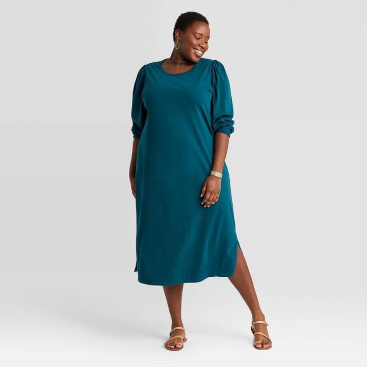 Women's Plus Size Puff Long Sleeve T-shirt Dress - Universal Thread Blue