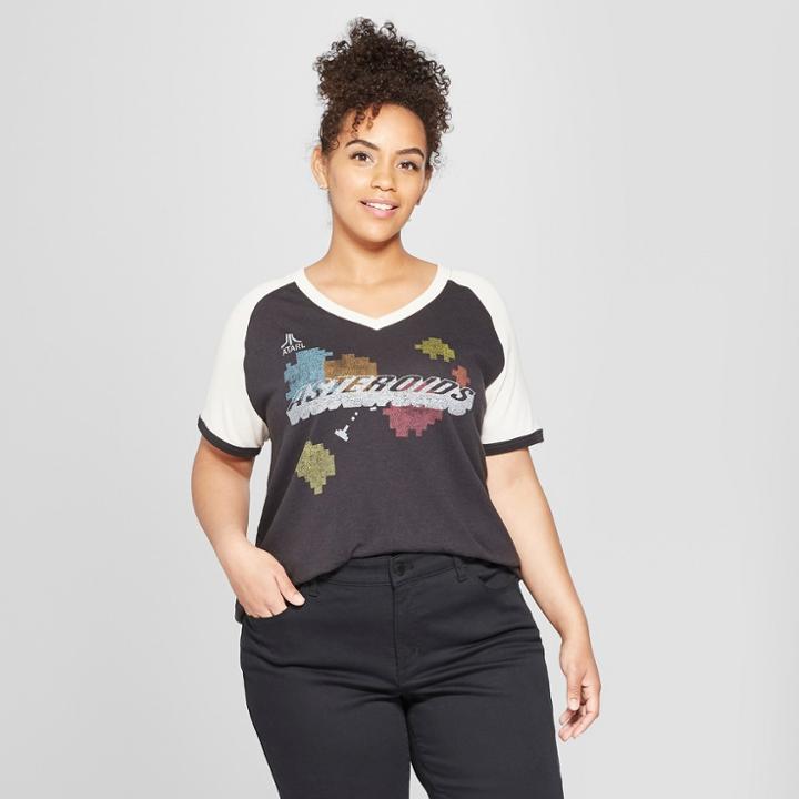 Junk Food Women's Plus Size Atari Asteroids Short Sleeve V-neck Raglan Graphic T-shirt - Black