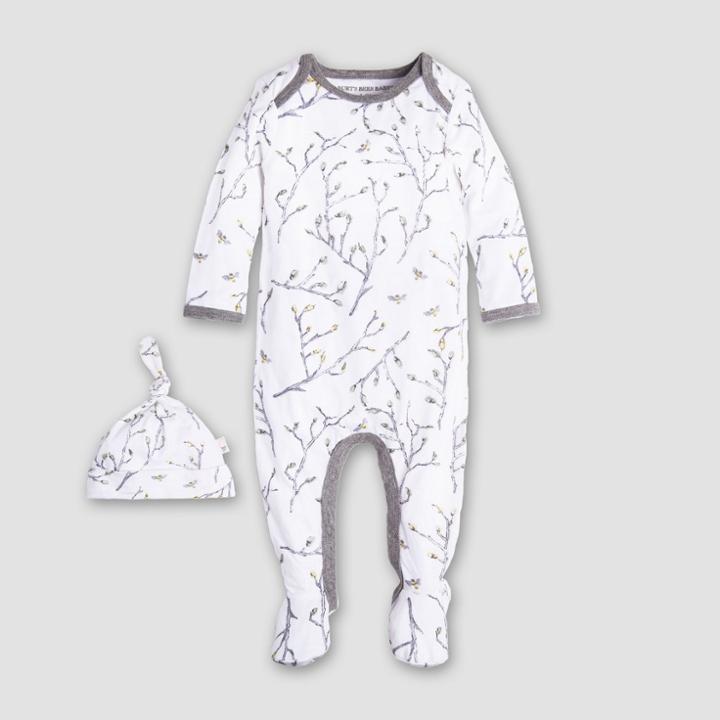 Burt's Bees Baby Girls' Organic Cotton Budding Branches Footed Coverall & Hat Set - Cloud 6-9m,