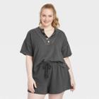 Women's Plus Size Short Sleeve French Terry Henley Shirt - Universal Thread Gray