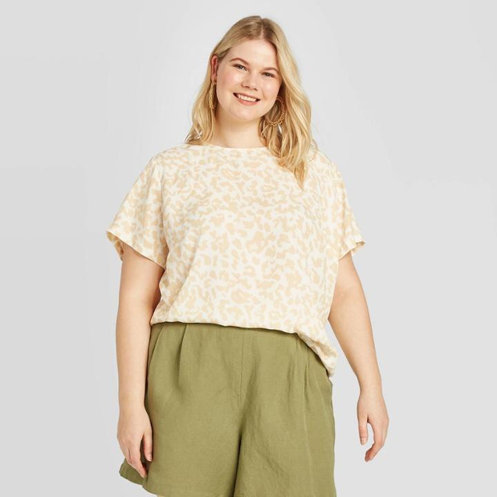 Women's Plus Size Leopard Print Short Sleeve Woven T-shirt - A New Day Cream 1x, Women's, Size: