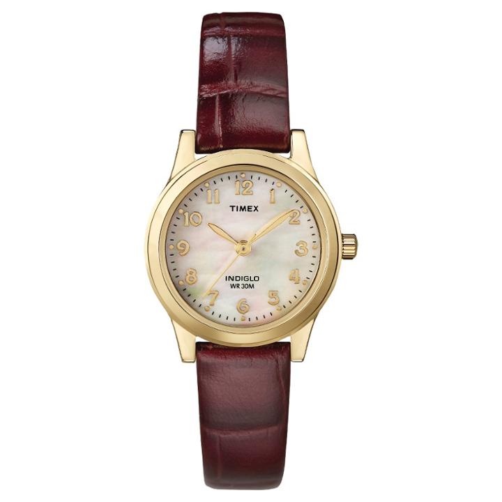 Women's Timex Watch With Leather Strap - Gold/mother Of Pearl/brown T216939j,