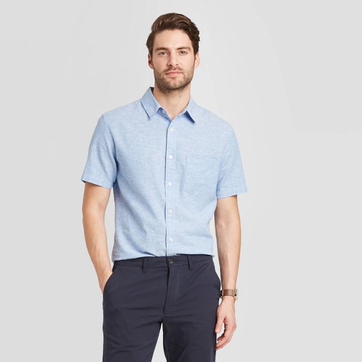 Men's Standard Fit Short Sleeve Linen Shirt - Goodfellow & Co Blue S, Men's,