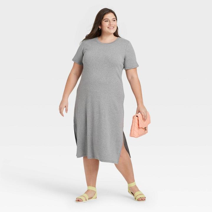 Women's Plus Size Short Sleeve Rib Knit T-shirt Dress - A New Day Heather Gray