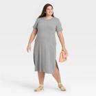 Women's Plus Size Short Sleeve Rib Knit T-shirt Dress - A New Day Heather Gray