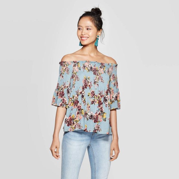 Women's Floral Print 3/4 Sleeve Off The Shoulder Knit Top - Xhilaration