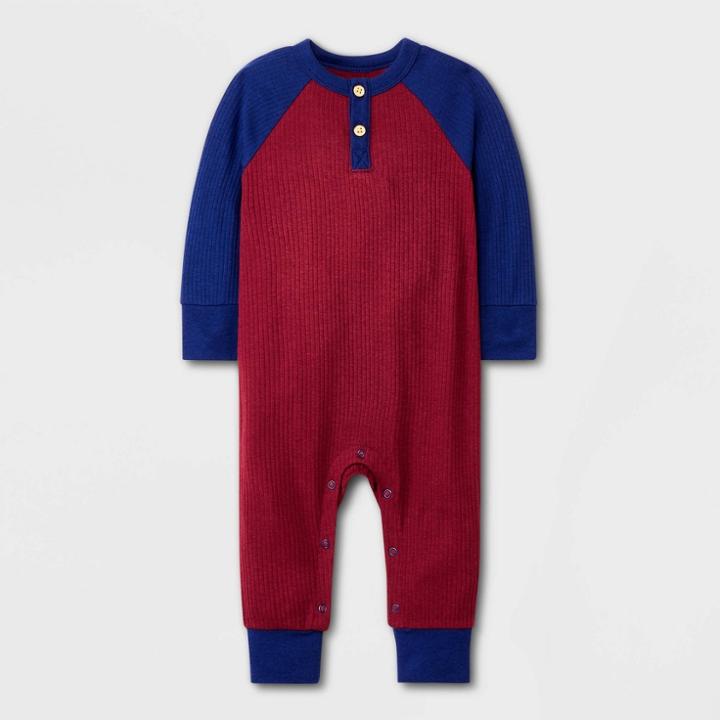 Baby Boys' Ribbed Henley Romper - Cat & Jack Maroon/navy Newborn, Red/blue
