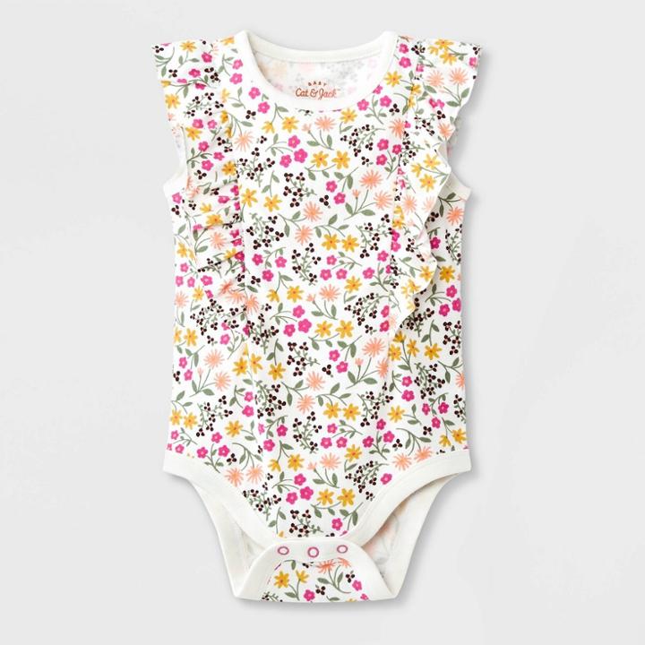 Baby Girls' Floral Ruffle Short Sleeve Bodysuit - Cat & Jack Cream Newborn, Ivory