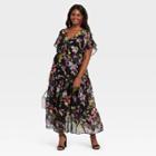 Women's Plus Size Floral Print Flutter Short Sleeve Chiffon Dress - Ava & Viv Black X