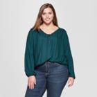 Women's Plus Size Striped Long Sleeve Henley Blouse - Universal Thread Green