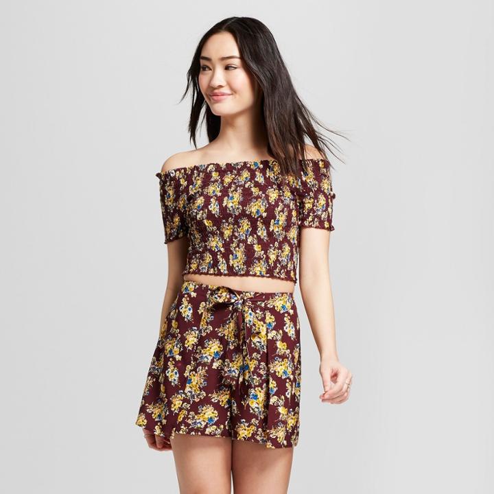 Women's Short Sleeve Off The Shoulder Smocked Floral Crop Top - Xhilaration Wine (red)/mustard Floral