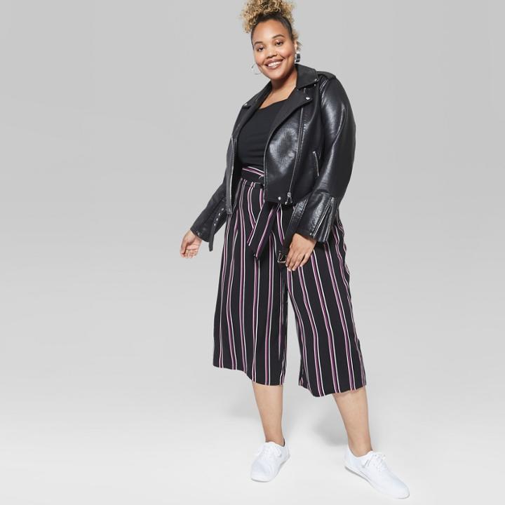 Women's Striped Plus Size Sash Tie Wide Leg Crop Pants - Wild Fable Black