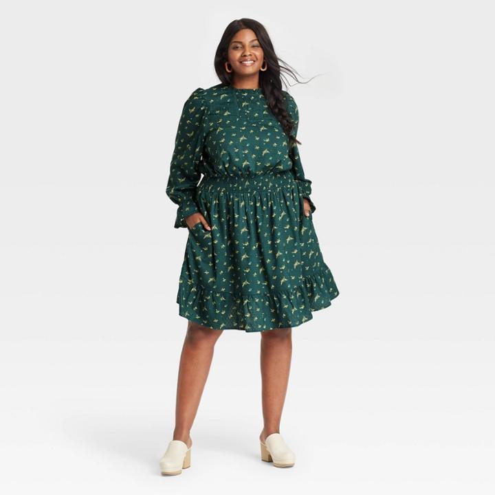 Women's Plus Size Balloon Long Sleeve Smocked Waist Dress - Universal Thread Dark Green 1x Floral Print