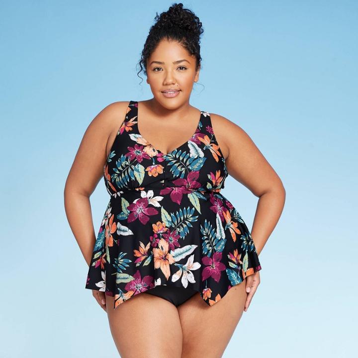 Women's Plus Size Strappy Back Tankini Top - Kona Sol Floral 14w, Women's, Black
