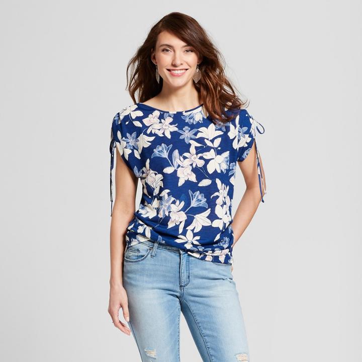 Women's Floral Short Cinched Sleeve Printed T-shirt - Lux Ii - Blue