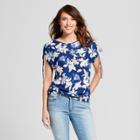 Women's Floral Short Cinched Sleeve Printed T-shirt - Lux Ii - Blue