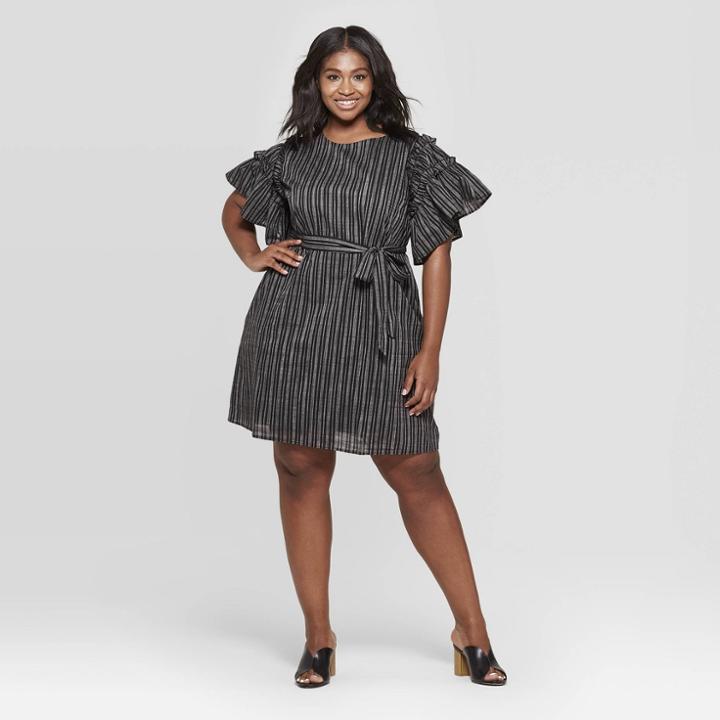 Women's Plus Size Striped Short Ruffle Sleeve Boat Neck Tie Waist Shift Dress - Who What Wear Black/white