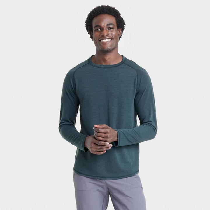 Men's Merino Wool Long Sleeve Athletic Top - All In Motion Heathered Dark Blue