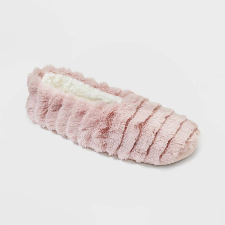No Brand Women's Ribbed Faux Fur Cozy Pull-on Slipper Socks - Pink