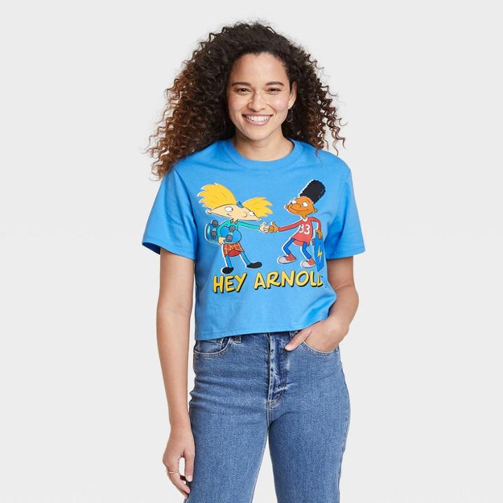 Women's Nickelodeon Hey Arnold Short Sleeve Cropped Graphic T-shirt - Blue