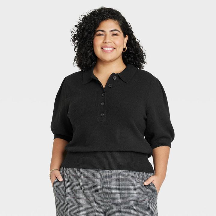 Women's Plus Size Polo Sweater - A New Day Black