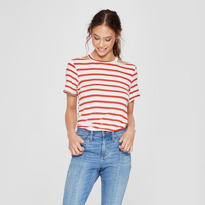 Women's Striped Short Sleeve Double Cutout Top With Open Back - Alison Andrews White/red